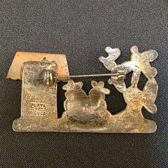 Vintage Taxco Mexico 925 Silver Sombrero Siesta  Figures Brooch Pin - Folk Art - Picture 2 of 6